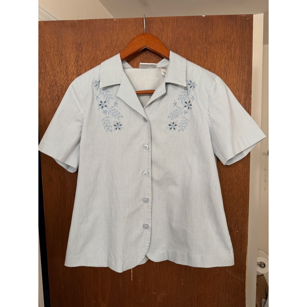 Alfred Dunner Womens Blue White Striped Floral Embroidered Button Up Top Size 10
